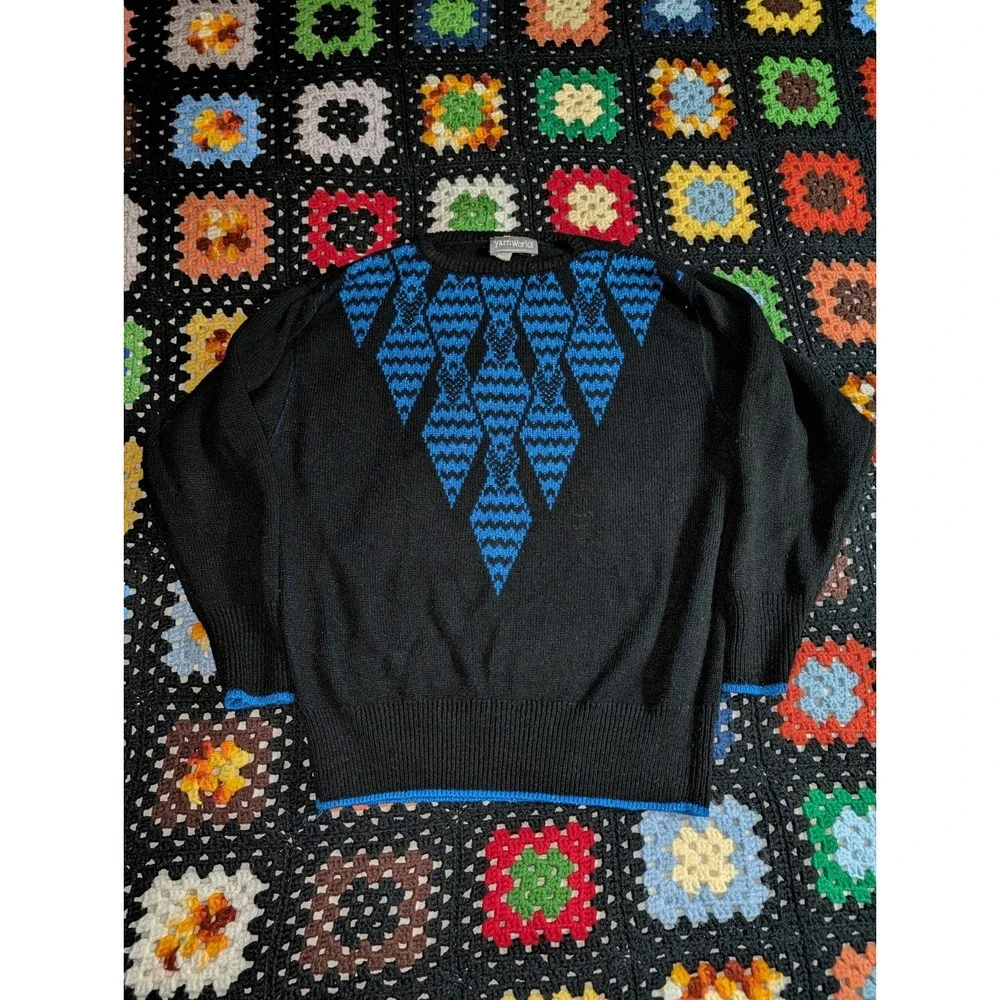 YarnWorks Sweater Blue Black Diamond Glitter Crewneck‎ Pullover Women's Large